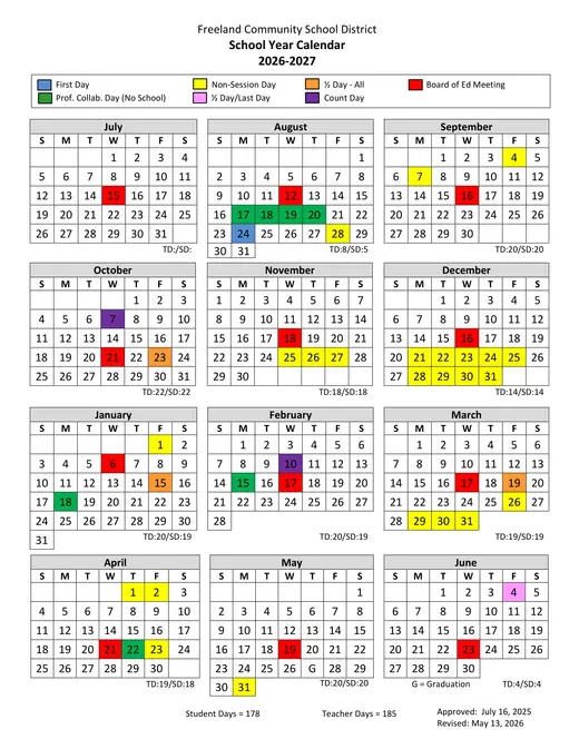Freeland Community School District 2026–2027 Academic Calendar Page 1