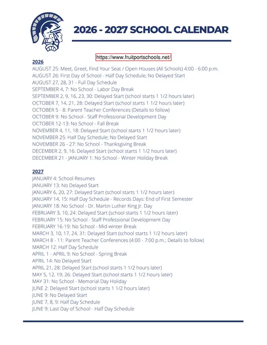 Fruitport Community Schools 2026–2027 Academic Calendar Page 1