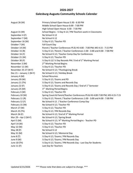Galesburg-Augusta Community Schools 2026–2027 Academic Calendar Page 1