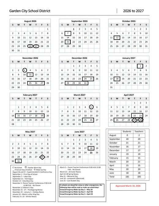 Garden City School District 2026–2027 Academic Calendar Page 1