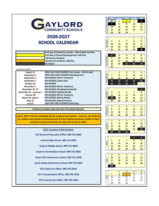 Gaylord Community Schools 2026–2027 Academic Calendar Page 1