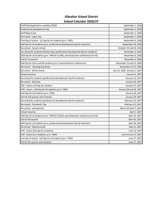Gibraltar School District 2026–2027 Academic Calendar Page 1