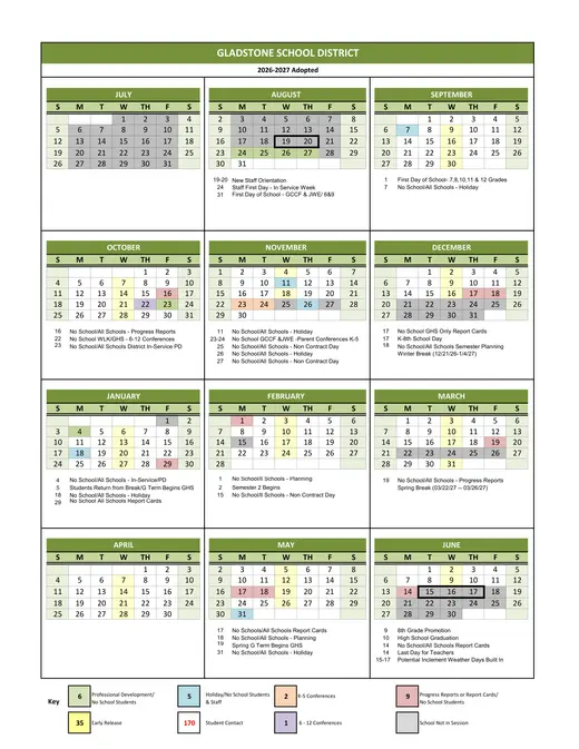 Gladstone School District 2026–2027 Academic Calendar Page 1