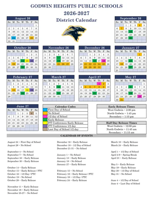 Godwin Heights Public Schools 2026–2027 Academic Calendar Page 1