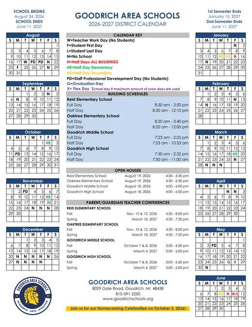 Goodrich Area Schools 2026–2027 Academic Calendar Page 1
