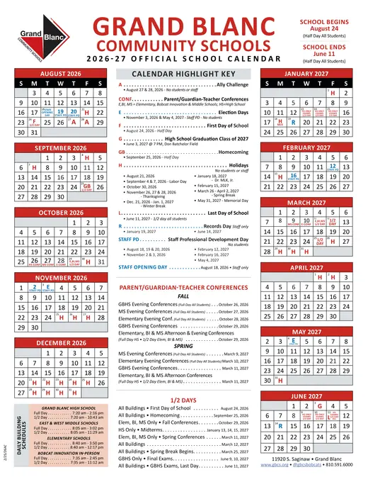 Grand Blanc Community Schools 2026–2027 Academic Calendar Page 1