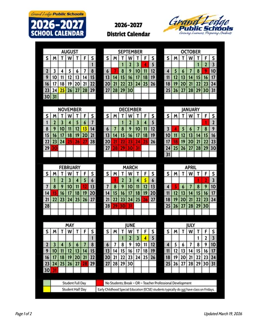 Grand Ledge Public Schools 2026–2027 Academic Calendar Page 1