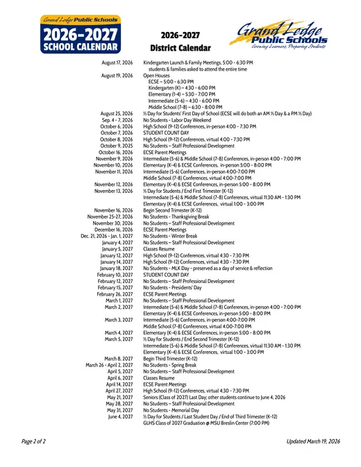 Grand Ledge Public Schools 2026–2027 Academic Calendar Page 2