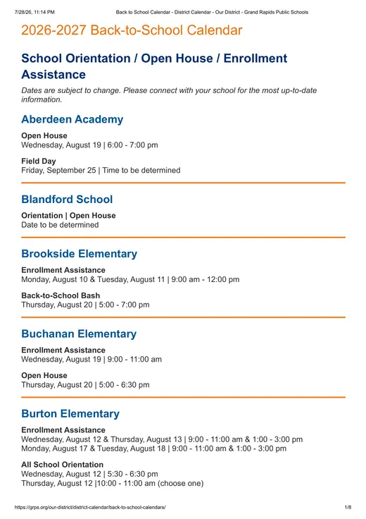 Grand Rapids Public Schools 2026–2027 Academic Calendar Page 1