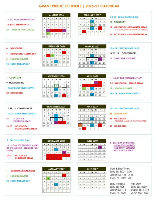 Grant Public Schools 2026–2027 Academic Calendar Page 1