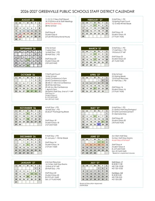 Greenville Public Schools 2026–2027 Academic Calendar Page 1