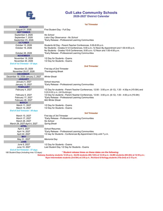 Gull Lake Community Schools 2026–2027 Academic Calendar Page 1
