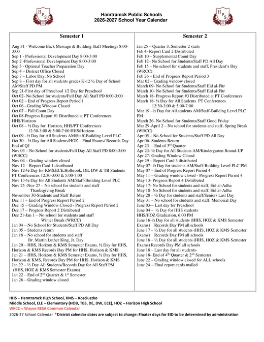 Hamtramck Public Schools 2026–2027 Academic Calendar Page 1