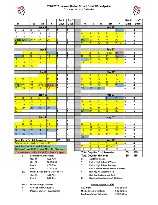 Hanover-Horton School District 2026–2027 Academic Calendar Page 1