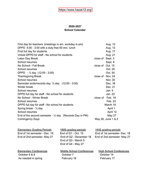 Hastings Area School System 2026–2027 Academic Calendar Page 1