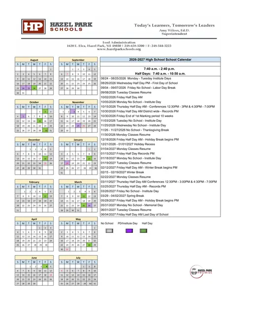 Hazel Park Schools Junior High School 2026–2027 Academic Calendar Page 2