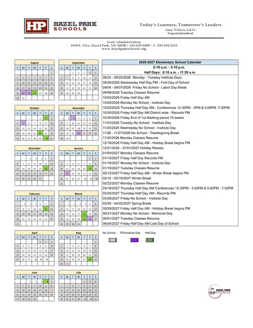 Hazel Park Schools Junior High School 2026–2027 Academic Calendar Page 3