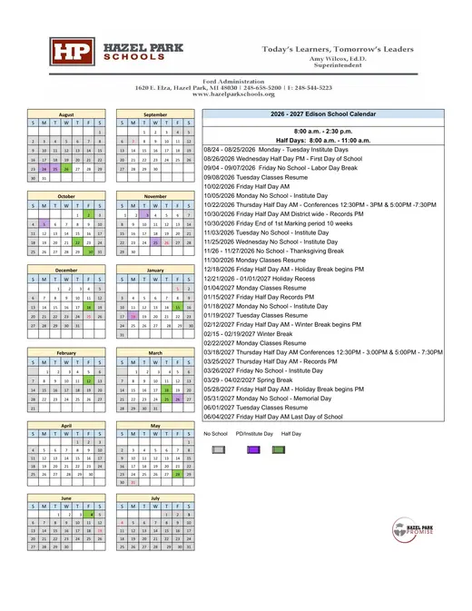 Hazel Park Schools Junior High School 2026–2027 Academic Calendar Page 4