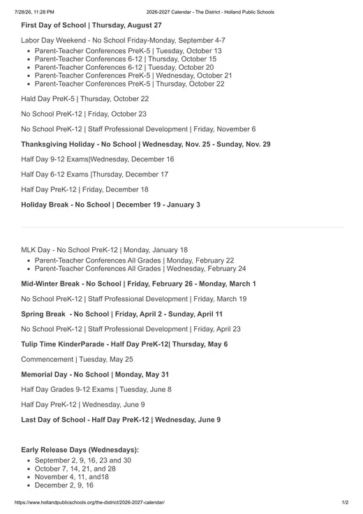 Holland Public Schools 2026–2027 Academic Calendar Page 1