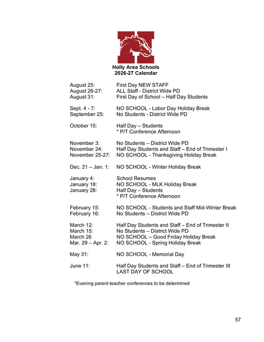 Holly Area Schools 2026–2027 Academic Calendar Page 1
