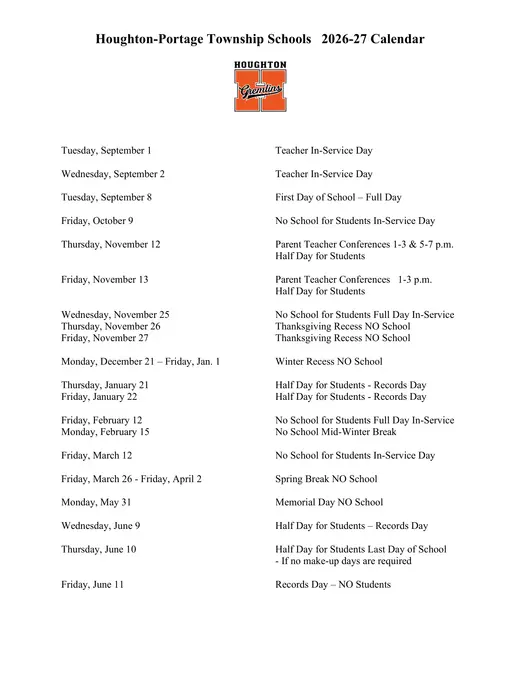 Houghton-Portage Township Schools 2026–2027 Academic Calendar Page 1