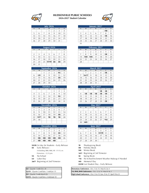 Hudsonville Public Schools 2026–2027 Academic Calendar Page 1