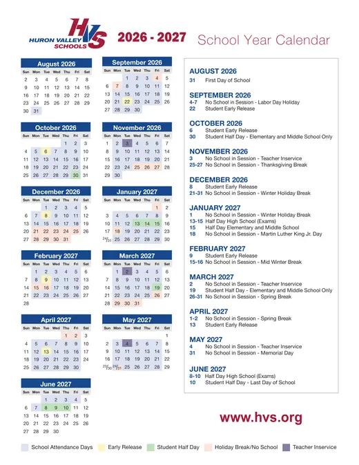 Huron Valley Schools 2026–2027 Academic Calendar Page 1