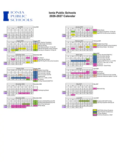 Ionia Public Schools 2026–2027 Academic Calendar Page 1
