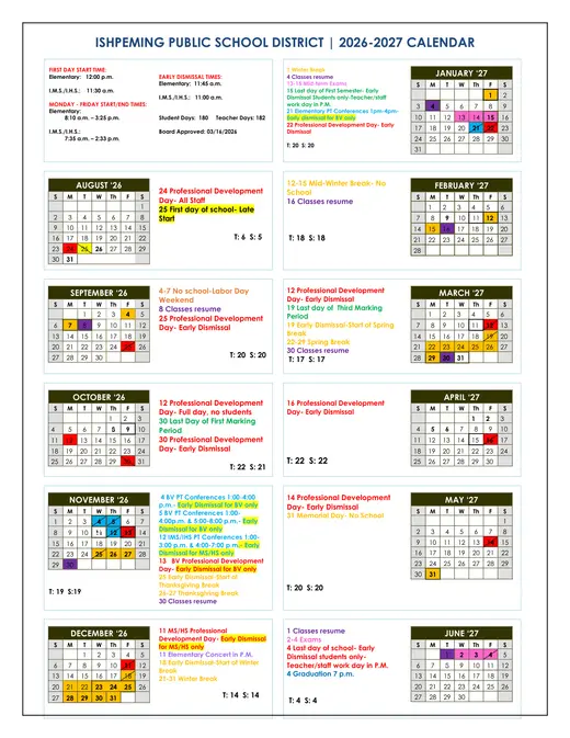 Ishpeming Public School District 2026–2027 Academic Calendar Page 1