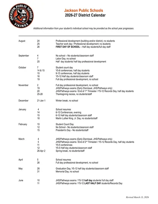 Jackson Public Schools 2026–2027 Academic Calendar