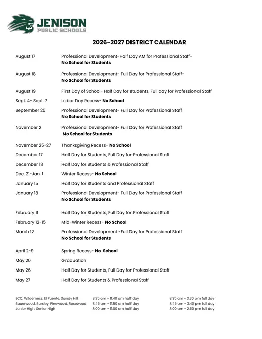 Jenison Public Schools 2026–2027 Academic Calendar Page 1