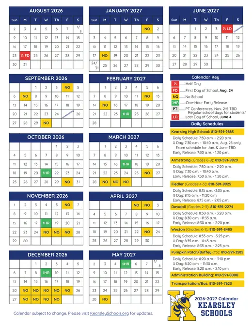 Kearsley Schools 2026–2027 Academic Calendar Page 1