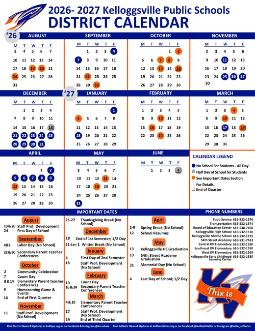 Kelloggsville Public Schools 2026–2027 Academic Calendar Page 2