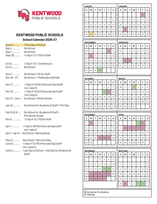 Kentwood Public Schools 2026–2027 Academic Calendar Page 1