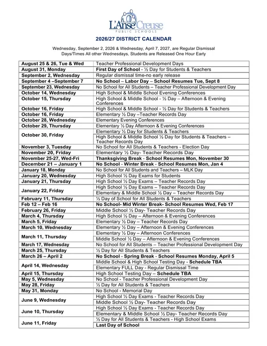 L'Anse Creuse Public Schools 2026–2027 Academic Calendar