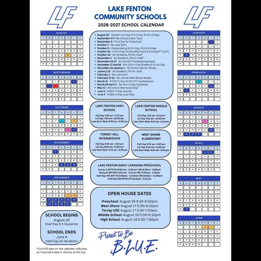 Lake Fenton Community Schools 2026–2027 Academic Calendar Page 2