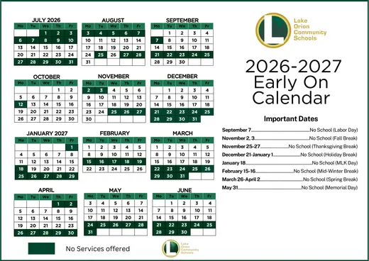 Lake Orion Community Schools Early on 2026–2027 Academic Calendar Page 1