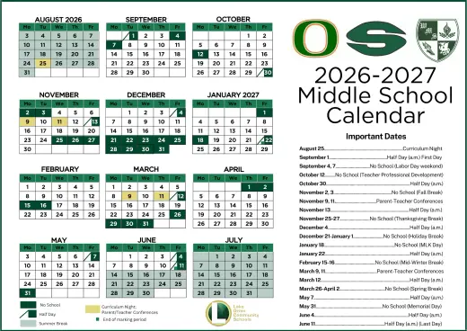 Lake Orion Community Schools Middle School 2026–2027 Academic Calendar Page 1