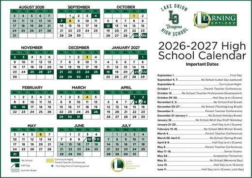 Lake Orion Learning Options High School 2026–2027 Academic Calendar Page 1