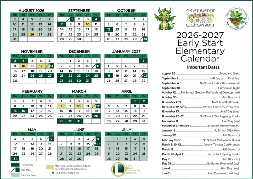 Lake Orion Oaks Elementary 2026–2027 Academic Calendar Page 1