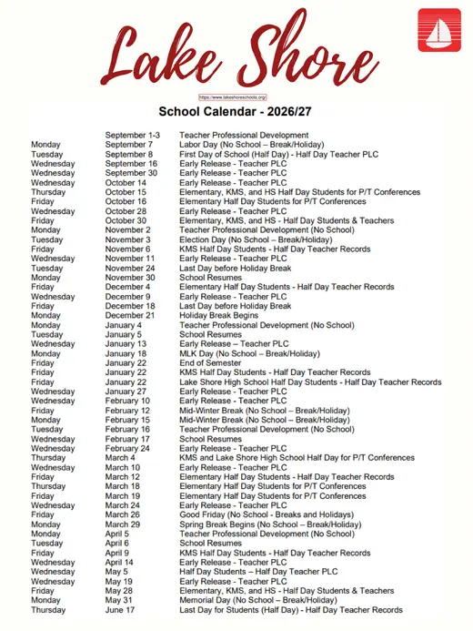 Lake Shore Public Schools 2026–2027 Academic Calendar Page 1
