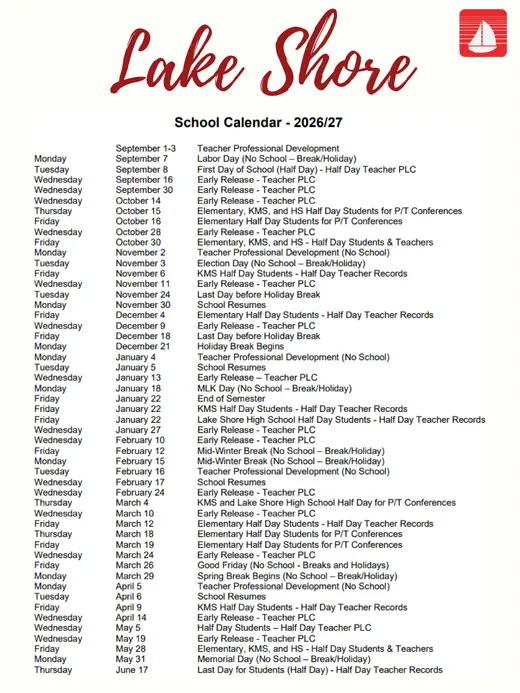 Lake Shore 2026–2027 Academic Calendar Page 1