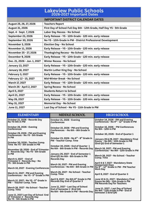 Lakeview Public Schools 2026–2027 Academic Calendar Page 1