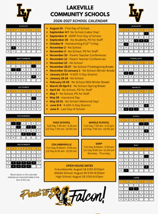 Lakeville Community Schools 2026–2027 Academic Calendar Page 1