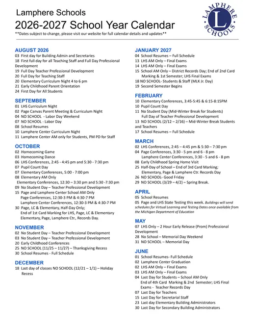 Lamphere Schools 2026–2027 Academic Calendar Page 1