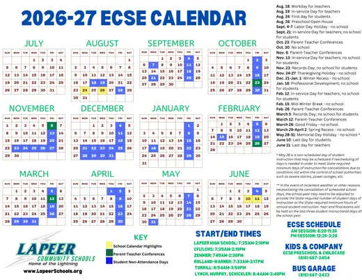 Lapeer Community Schools 2026–2027 Academic Calendar Page 1