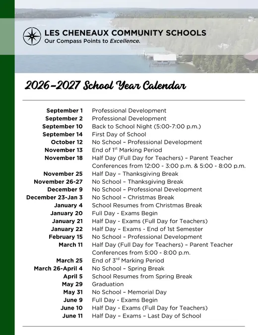 Les Cheneaux Community Schools 2026–2027 Academic Calendar Page 1