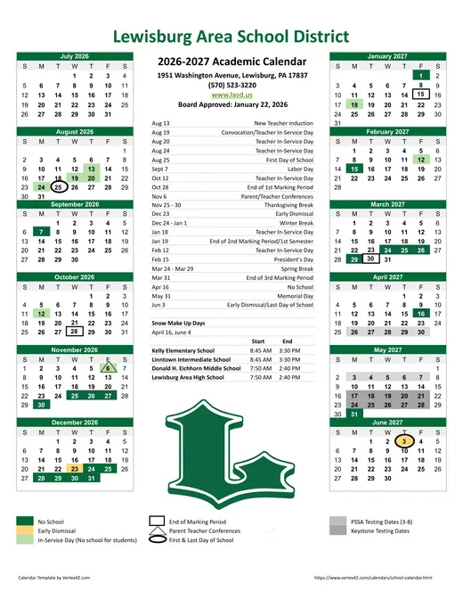 Lewisburg Area School District 2026–2027 Academic Calendar Page 1