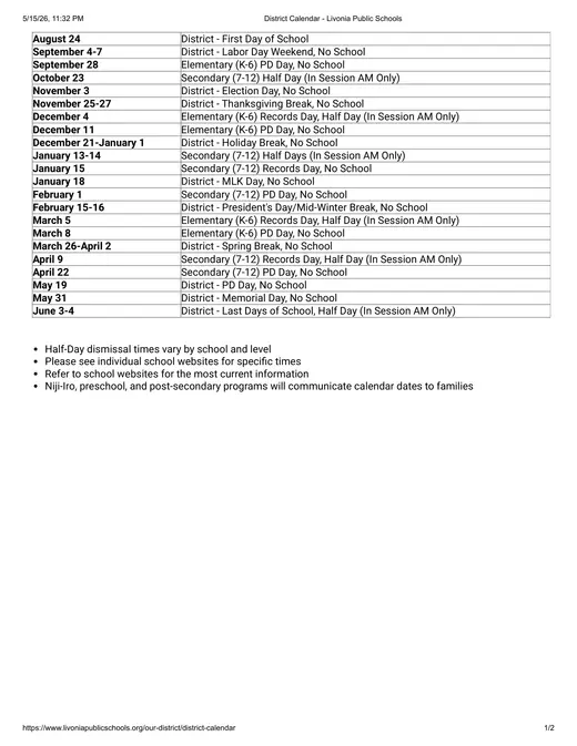 Livonia Public Schools 2026–2027 Academic Calendar Page 1