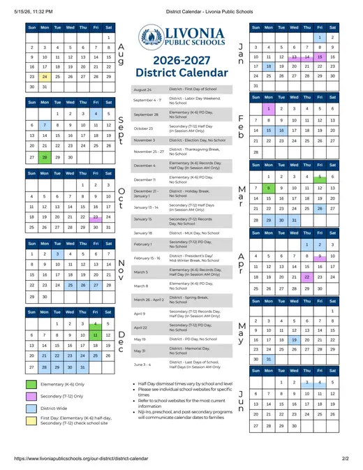 Livonia Public Schools 2026–2027 Academic Calendar Page 2
